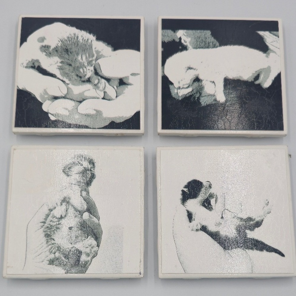 Pop Art Style Cat Ceramic Coasters Set of 4 Black & White Silhouette Tiles